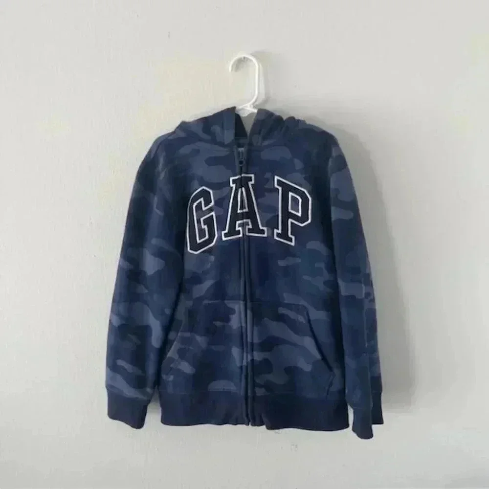 GAP Boys' Logo Hoodie Full Zip Sweatshirt (Size Small Youth) - Blue Camouflage